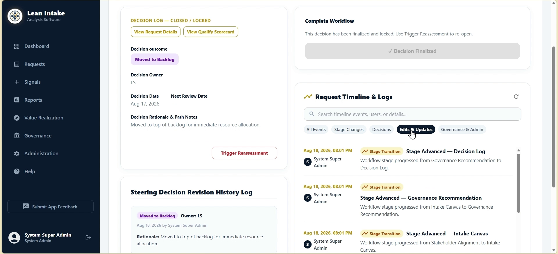 Actual LIA Compass software interface showing a closed decision log and request timeline