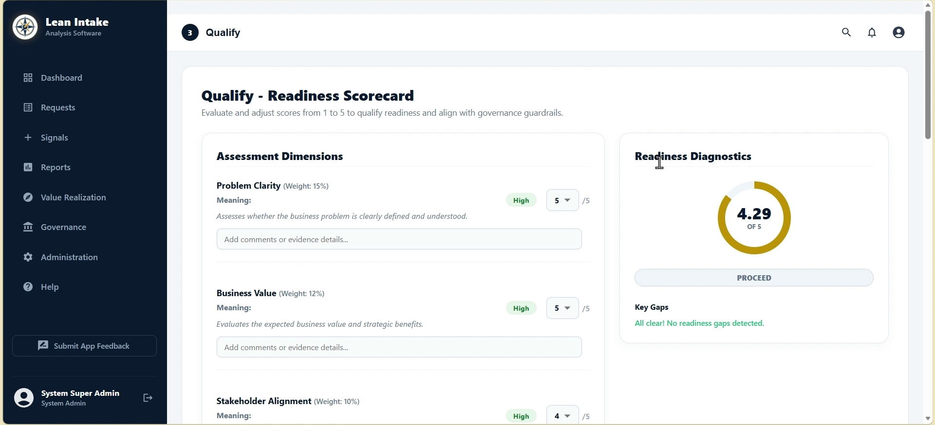 Actual LIA Compass software interface showing the Qualify readiness scorecard and readiness diagnostics
